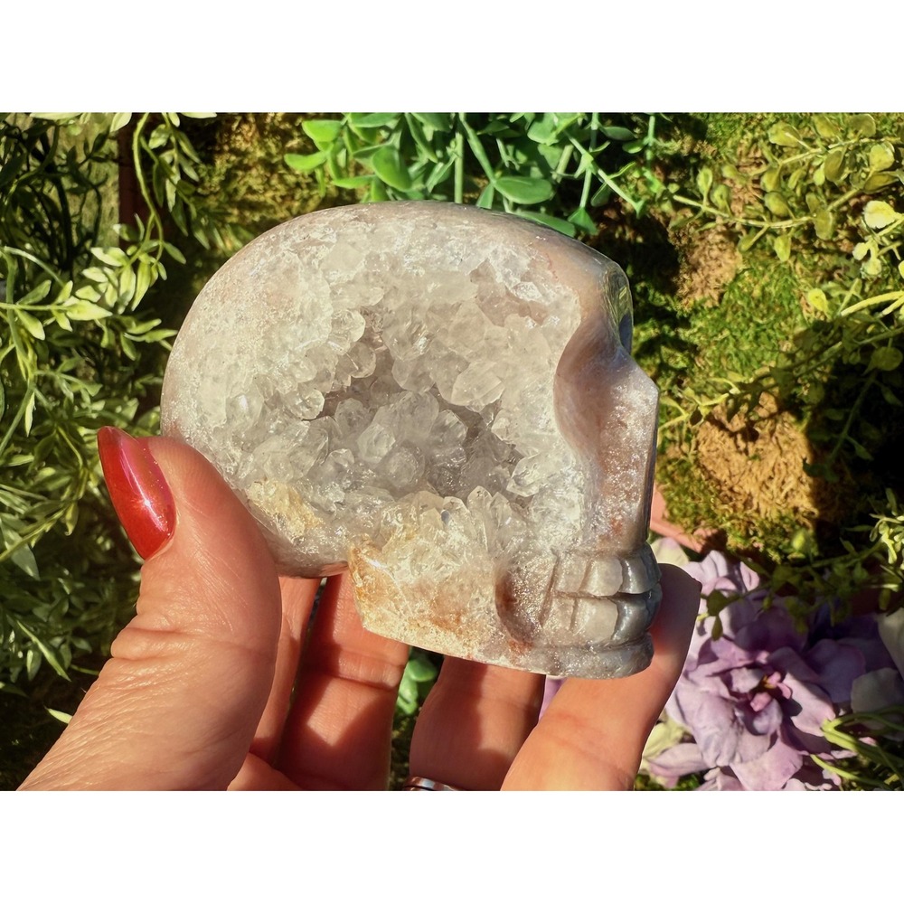 Druzy Pink Amethyst Crystal Skull Carving with Quartz